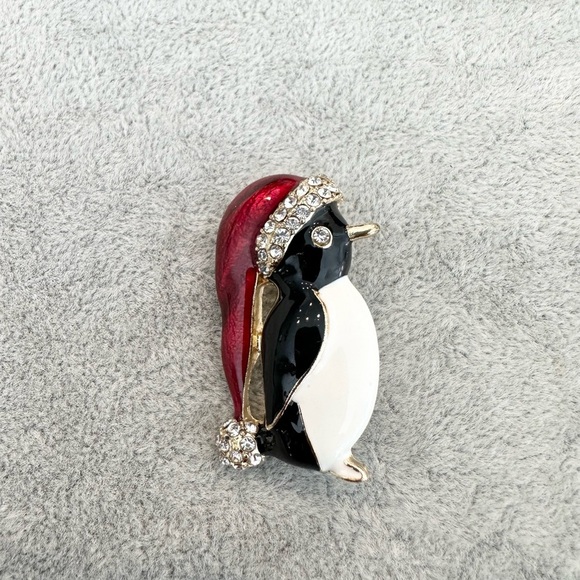 Jewelry - Christmas Enamel Penguin Wearing Santa's Red Hat With Clear Rhinestones Pin